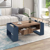 Table basse moderne bois et bleu profond avec rangement – Tiroir central & compartiments 5