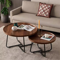 Table basse gigogne ronde en bois de noyer – Pieds métal noir, 2 tables 2
