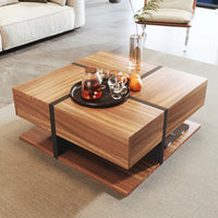 Table basse carrée bois et noir avec tiroirs de rangement – 4 tiroirs & plateau inférieur 2
