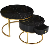 Table basse ronde gigogne effet marbre design noir – Métal doré, 2 tables 2