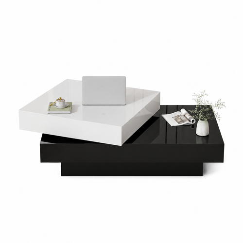 Table basse pivotante moderne à double plateau – Noir & blanc laqué, rangement 2 niveaux