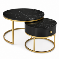Table basse ronde gigogne effet marbre design noir – Métal doré, 2 tables 1
