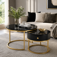 Table basse ronde gigogne effet marbre design noir – Métal doré, 2 tables 2