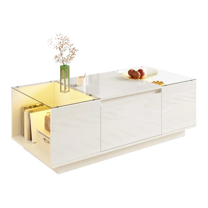 Table basse moderne en verre avec LED et rangements – LED Bluetooth 16 couleurs