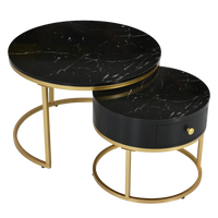Table basse ronde gigogne effet marbre design noir – Métal doré, 2 tables 1