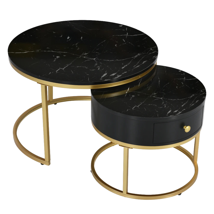 Table basse ronde gigogne effet marbre design noir – Métal doré, 2 tables