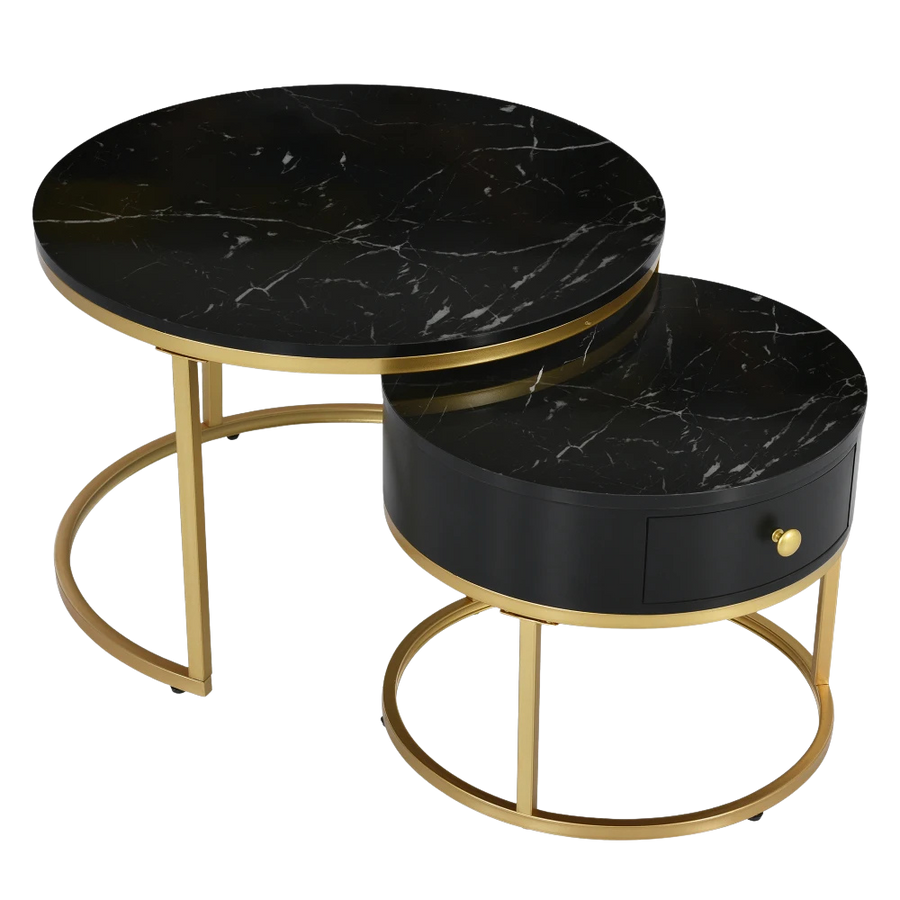 Table basse ronde gigogne effet marbre design noir – Métal doré, 2 tables