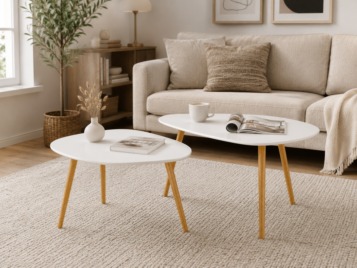 Table basse gigogne ovale blanche et bois scandinave – 2 tables