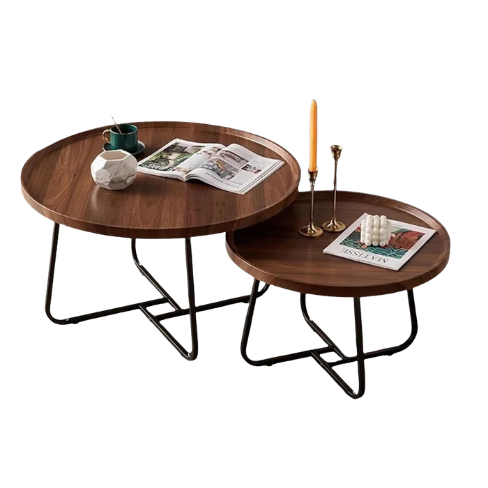 Table basse gigogne ronde en bois de noyer – Pieds métal noir, 2 tables