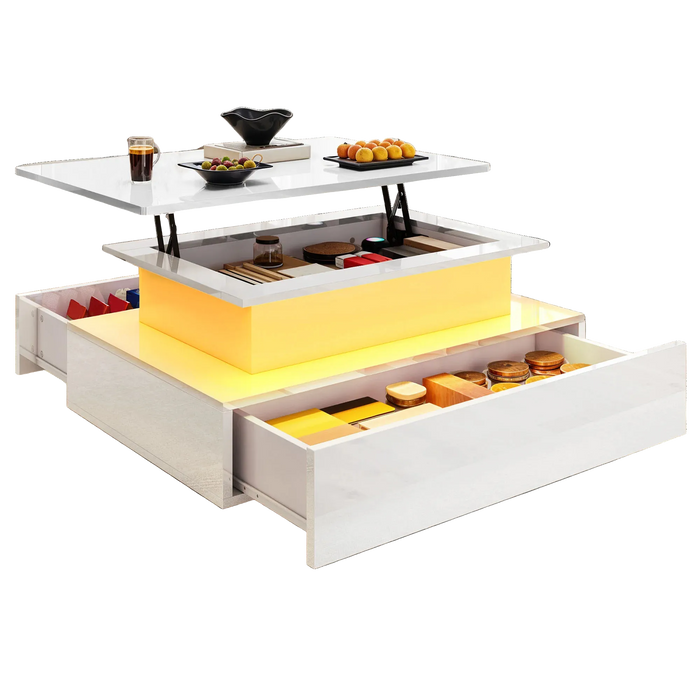 Table basse relevable moderne avec LED et tiroirs – Plateau relevable & LED 16 couleurs