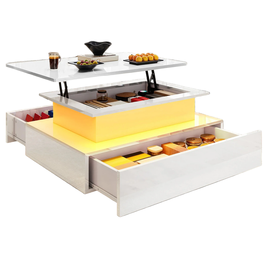 Table basse relevable moderne avec LED et tiroirs – Plateau relevable & LED 16 couleurs