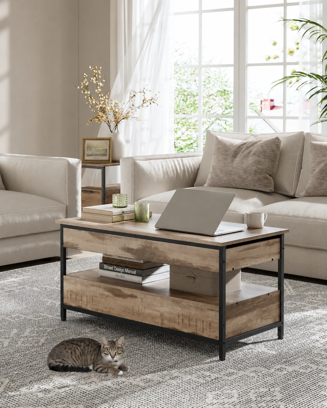 Table basse relevable industrielle avec rangement – Plateau relevable & multi-rangements