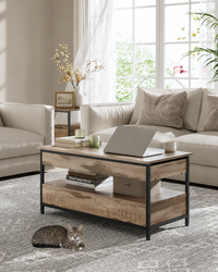 Table basse relevable industrielle avec rangement – Plateau relevable & multi-rangements 2