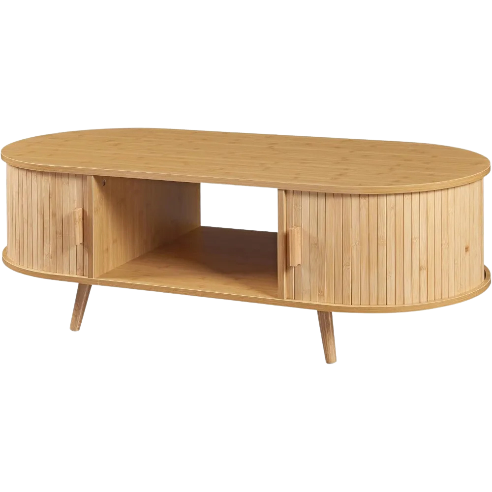 Table basse ovale bois avec rangement au style scandinave – Portes coulissantes
