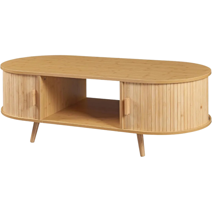 Table basse ovale bois avec rangement au style scandinave – Portes coulissantes