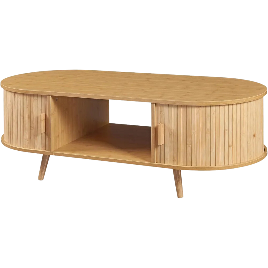 Table basse ovale bois avec rangement au style scandinave – Portes coulissantes