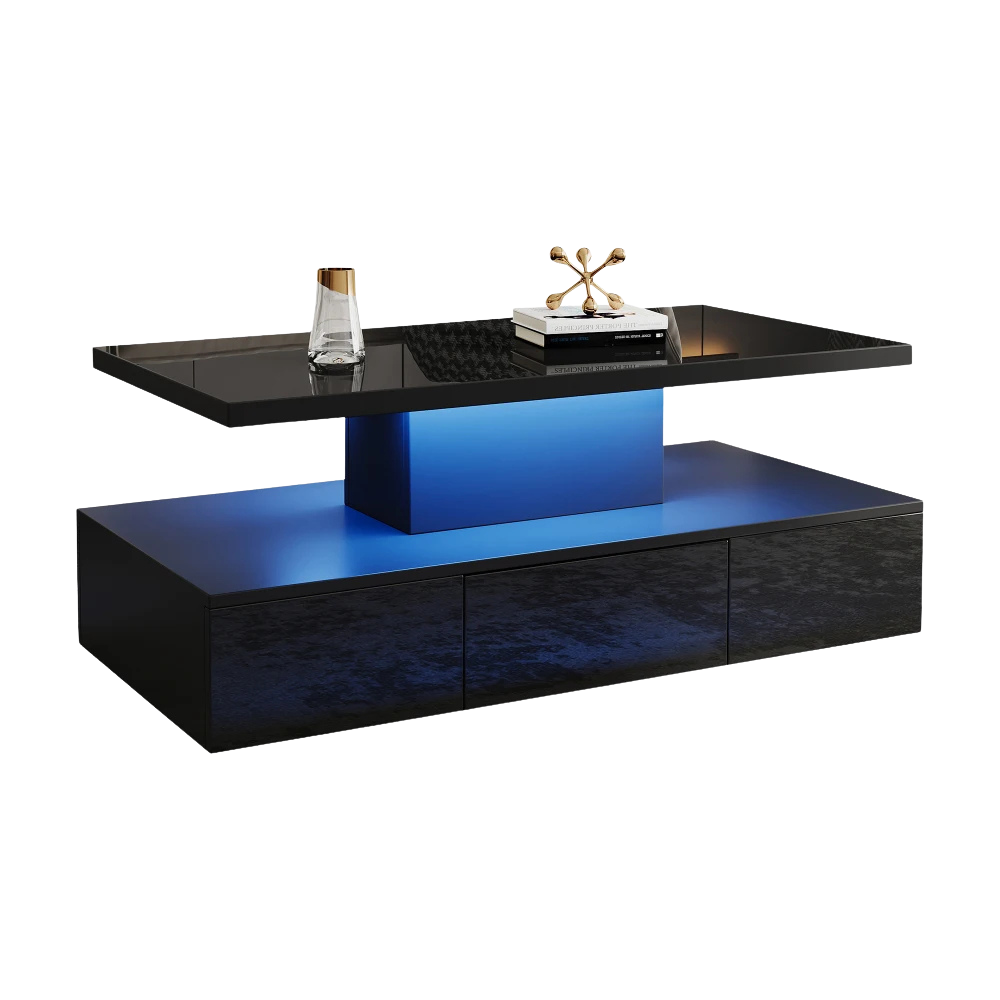 Table basse rectangulaire noire à double plateau avec LED et rangement – LED 16 couleurs