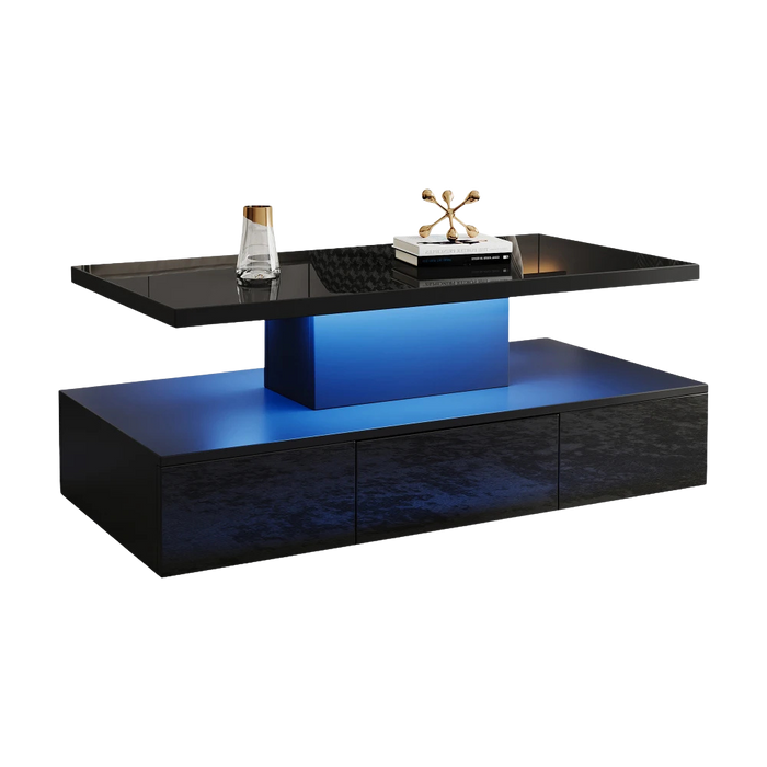 Table basse rectangulaire noire à double plateau avec LED et rangement – LED 16 couleurs
