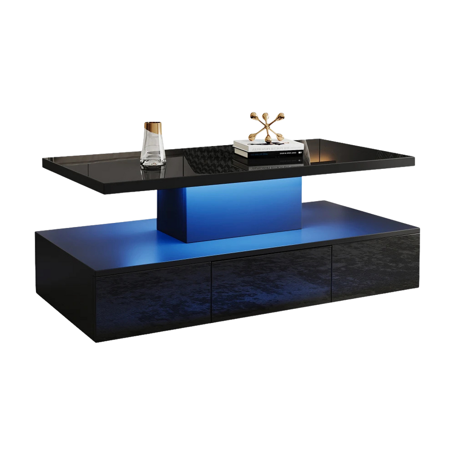Table basse rectangulaire noire à double plateau avec LED et rangement – LED 16 couleurs