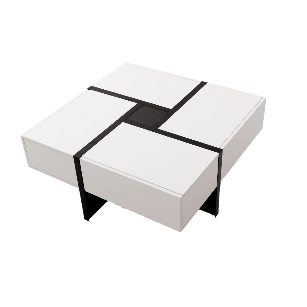 Table basse carrée moderne noire et blanche avec rangements – 4 tiroirs & niche