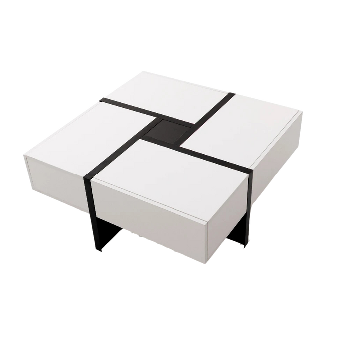 Table basse carrée moderne noire et blanche avec rangements – 4 tiroirs & niche