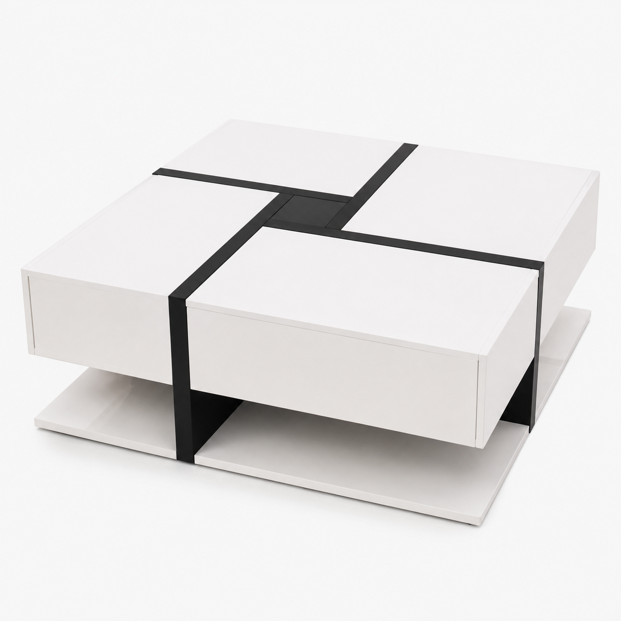 Table basse carrée moderne noire et blanche avec rangements – 4 tiroirs & niche