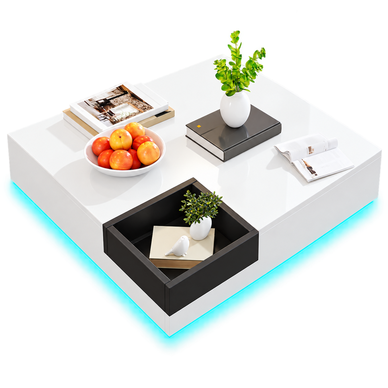 Table basse carrée avec LED et rangement amovible – Coffre amovible & LED
