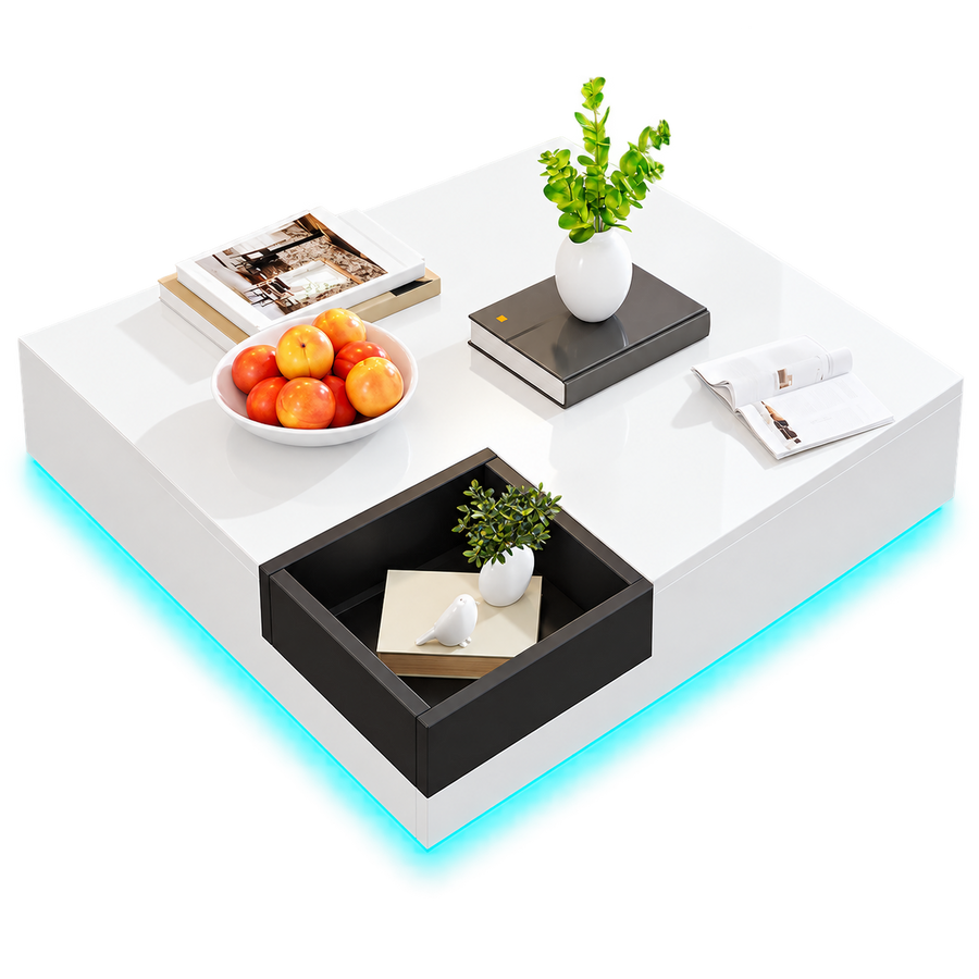 Table basse carrée avec LED et rangement amovible – Coffre amovible & LED