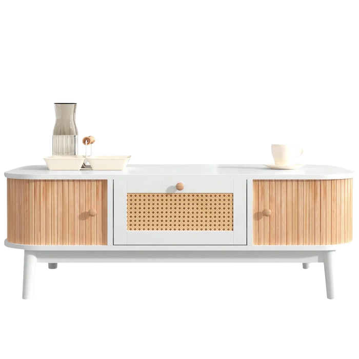 Table basse en bois et rotin avec rangements – Cannage & rangements fermés