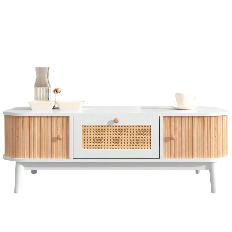 Table basse en bois et rotin avec rangements – Cannage & rangements fermés