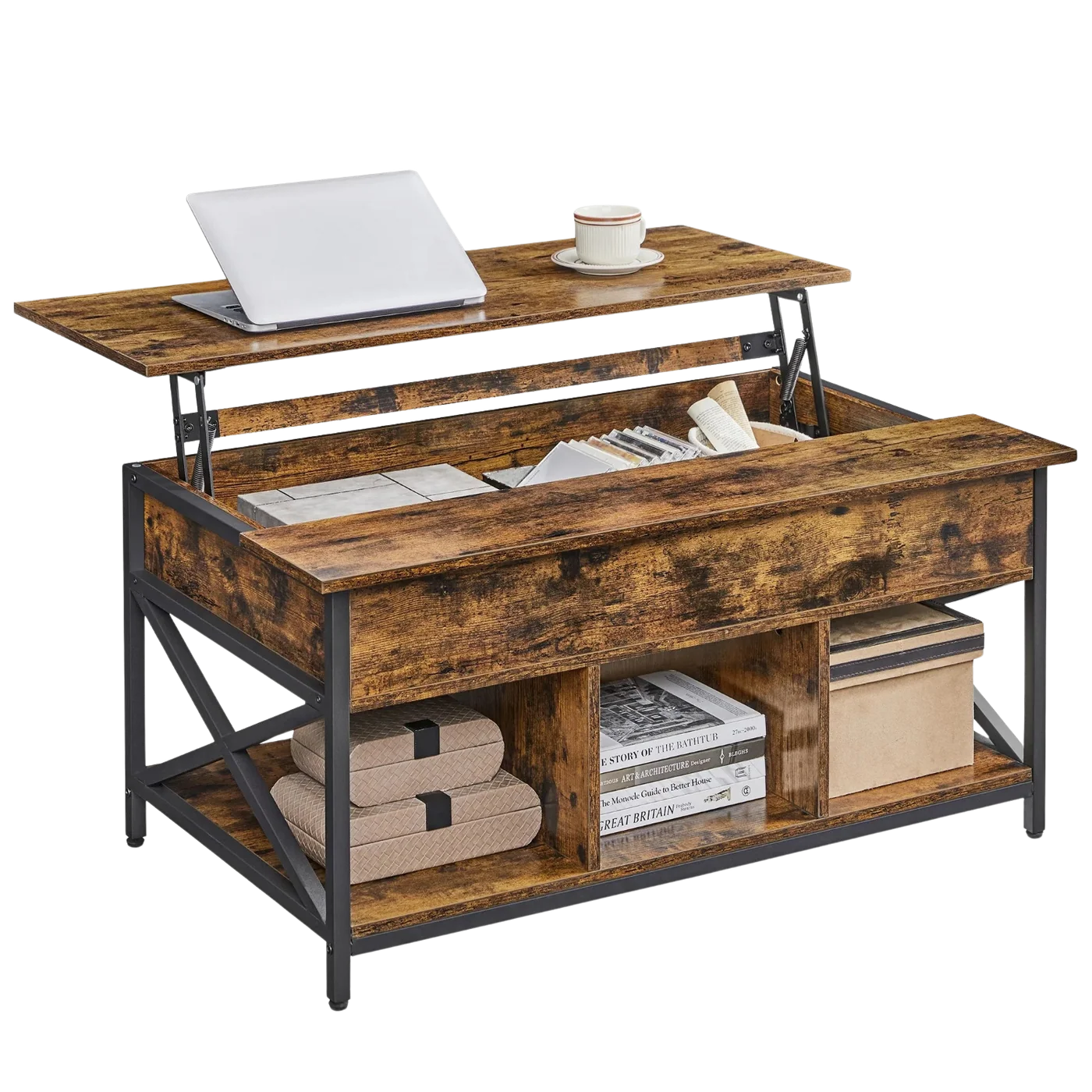 Table basse relevable bois et métal avec rangement – Plateau relevable & rangement caché