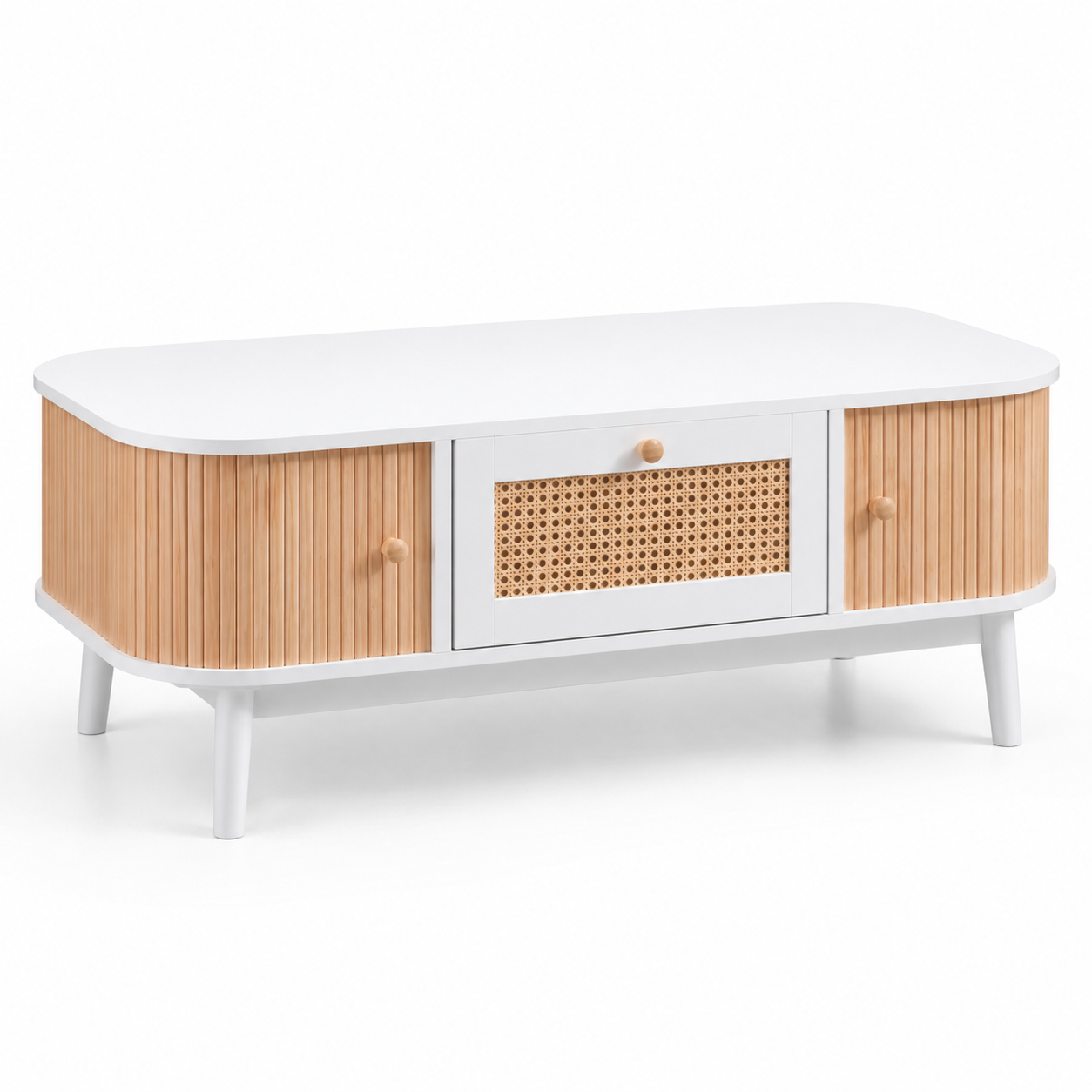 Table basse en bois et rotin avec rangements – Cannage & rangements fermés