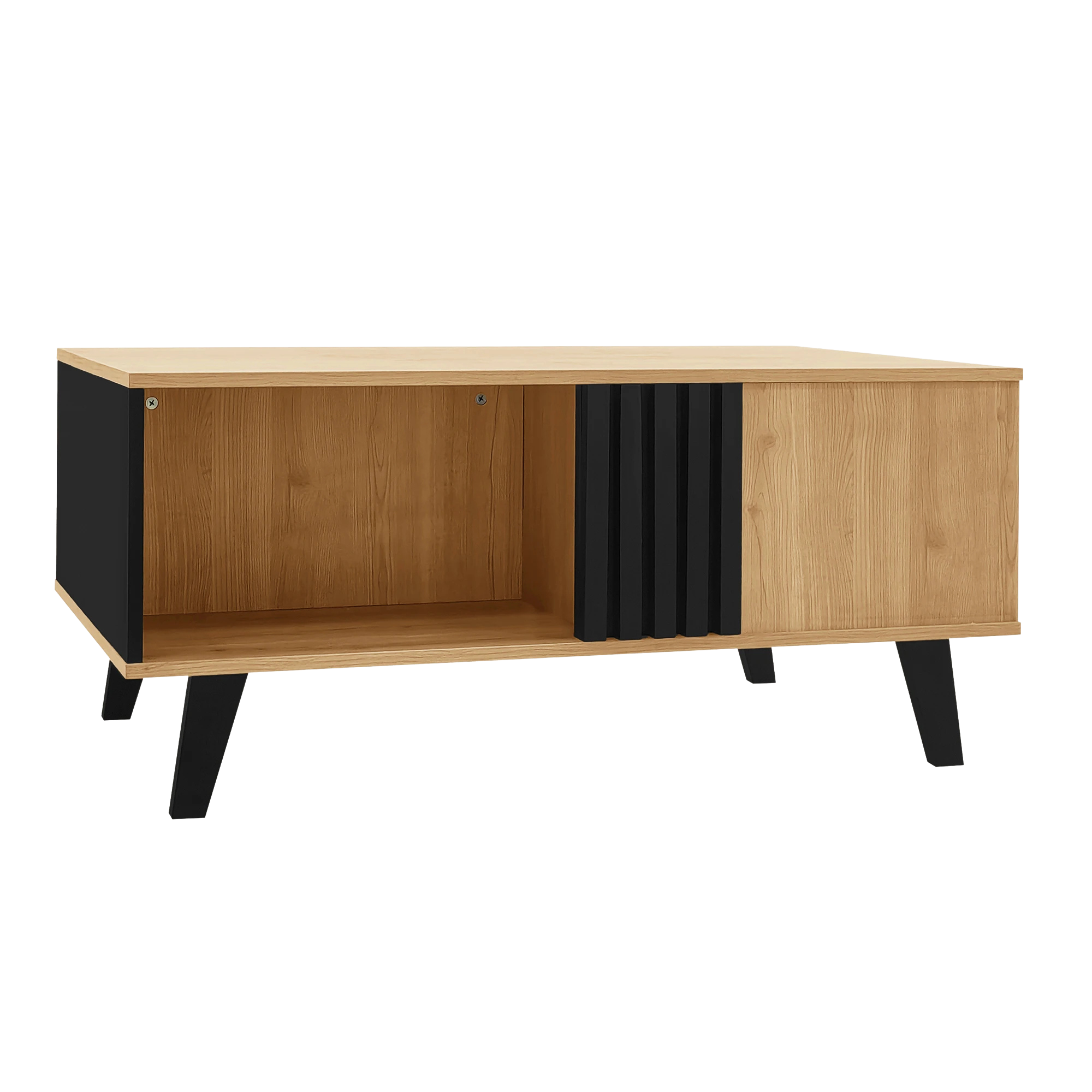 Table basse rectangulaire design moderne – Bois & noir, tiroir et niches