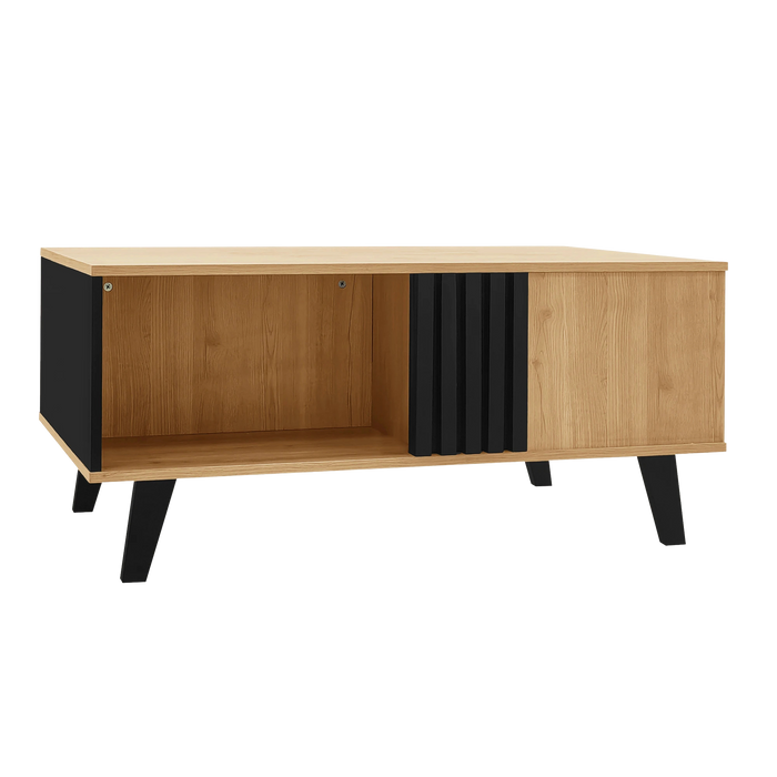 Table basse rectangulaire design moderne – Bois & noir, tiroir et niches