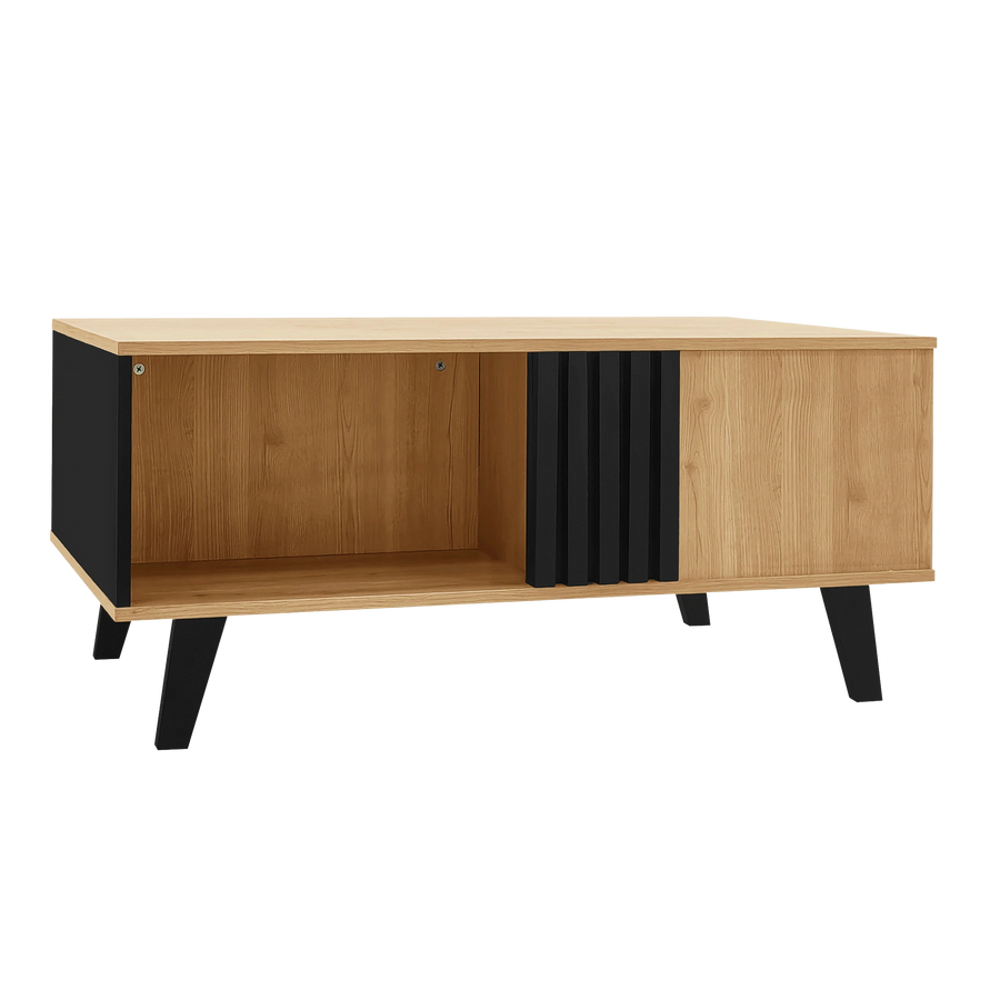 Table basse rectangulaire design moderne – Bois & noir, tiroir et niches