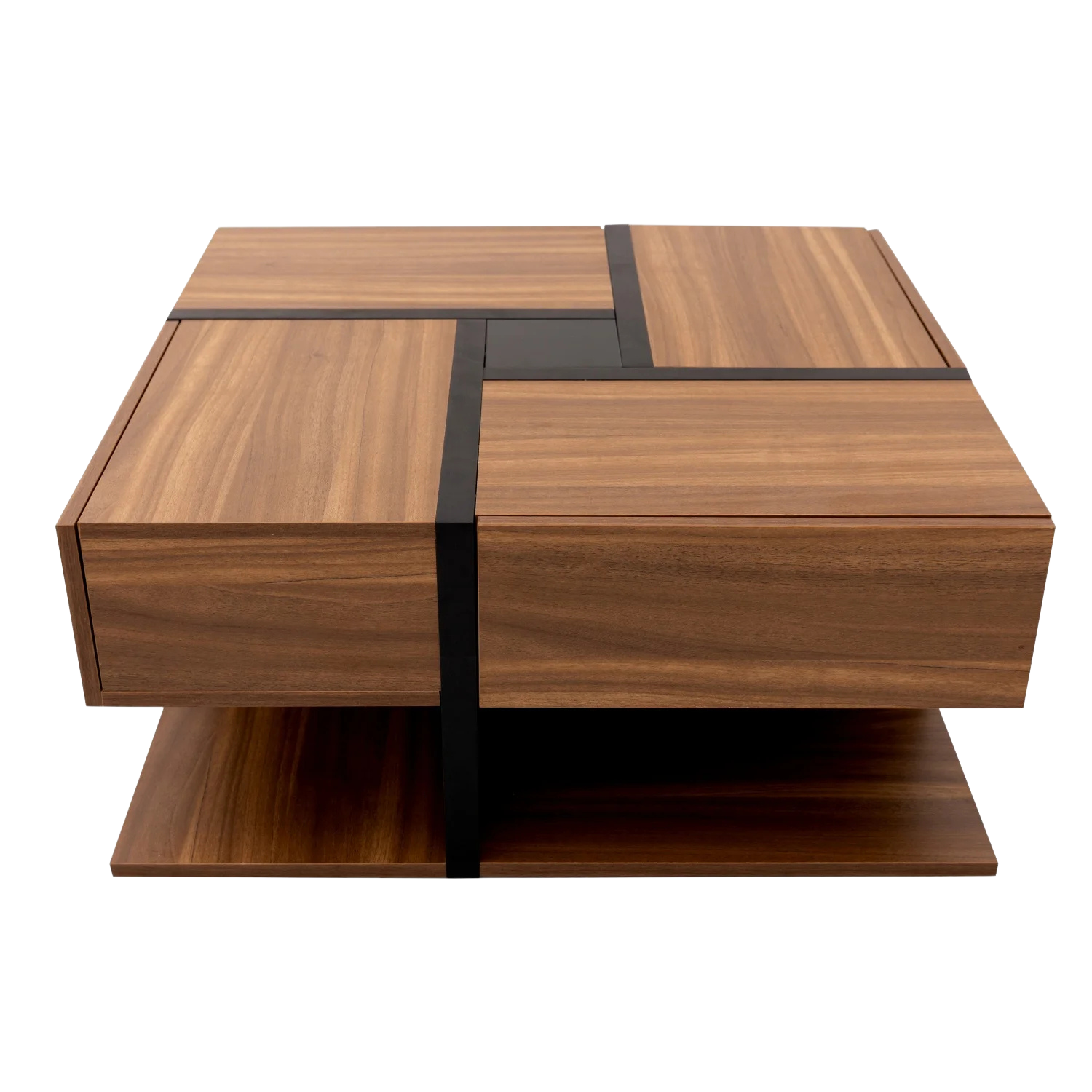 Table basse carrée bois et noir avec tiroirs de rangement – 4 tiroirs & plateau inférieur
