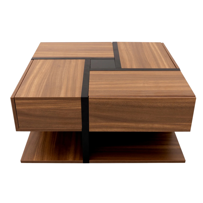 Table basse carrée bois et noir avec tiroirs de rangement – 4 tiroirs & plateau inférieur