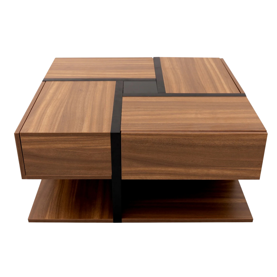 Table basse carrée bois et noir avec tiroirs de rangement – 4 tiroirs & plateau inférieur