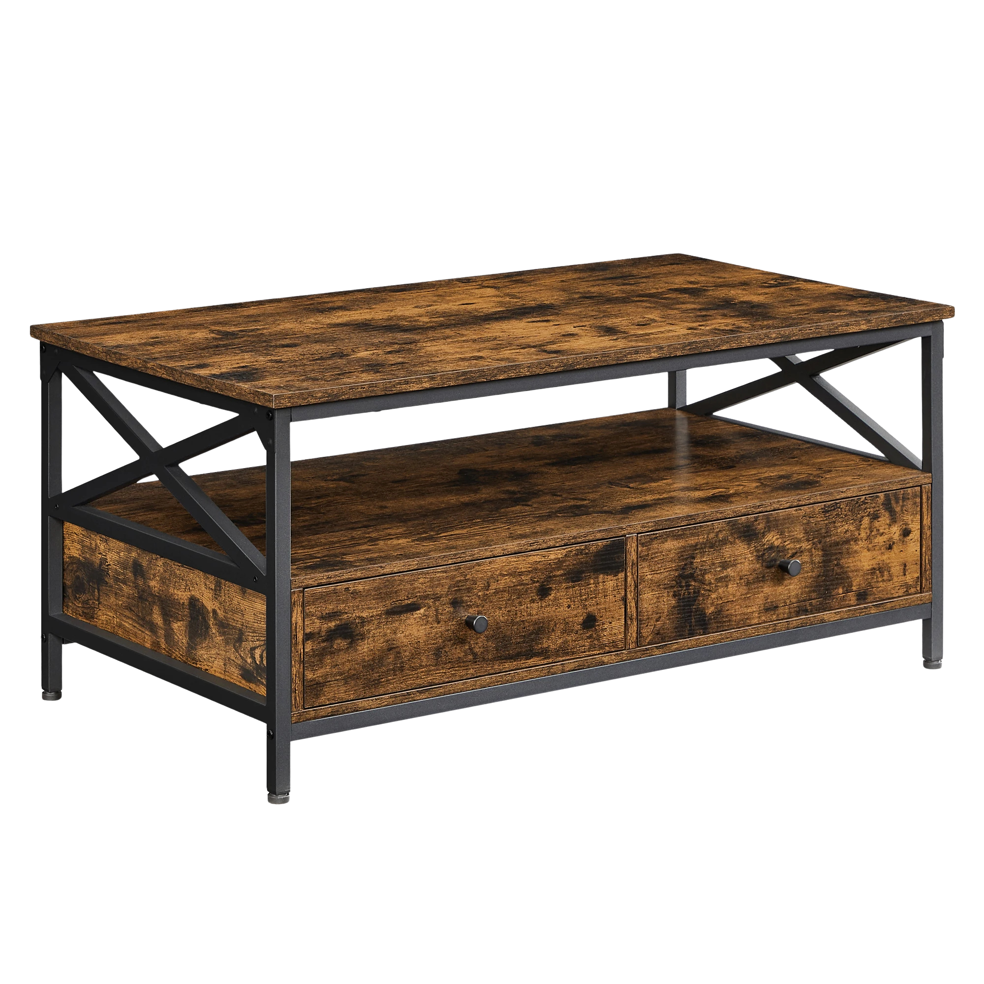 Table basse bois rectangulaire avec rangement style campagne – 2 tiroirs & compartiment