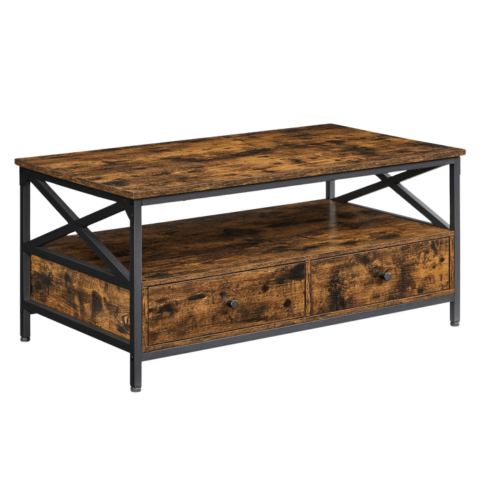 Table basse bois rectangulaire avec rangement style campagne – 2 tiroirs & compartiment