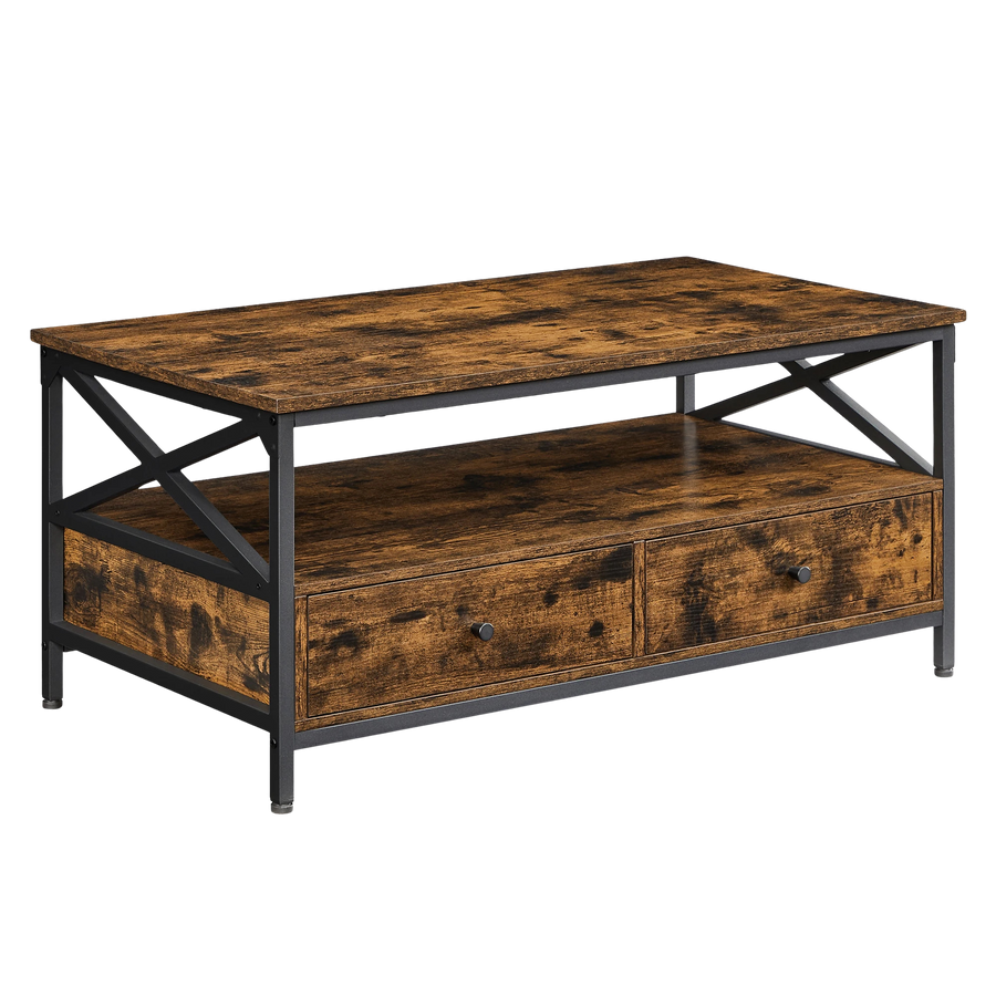 Table basse bois rectangulaire avec rangement style campagne – 2 tiroirs & compartiment