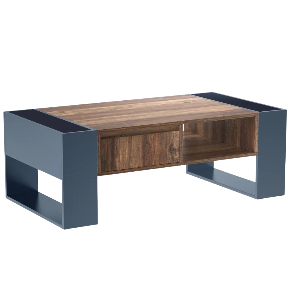 Table basse moderne bois et bleu profond avec rangement – Tiroir central & compartiments