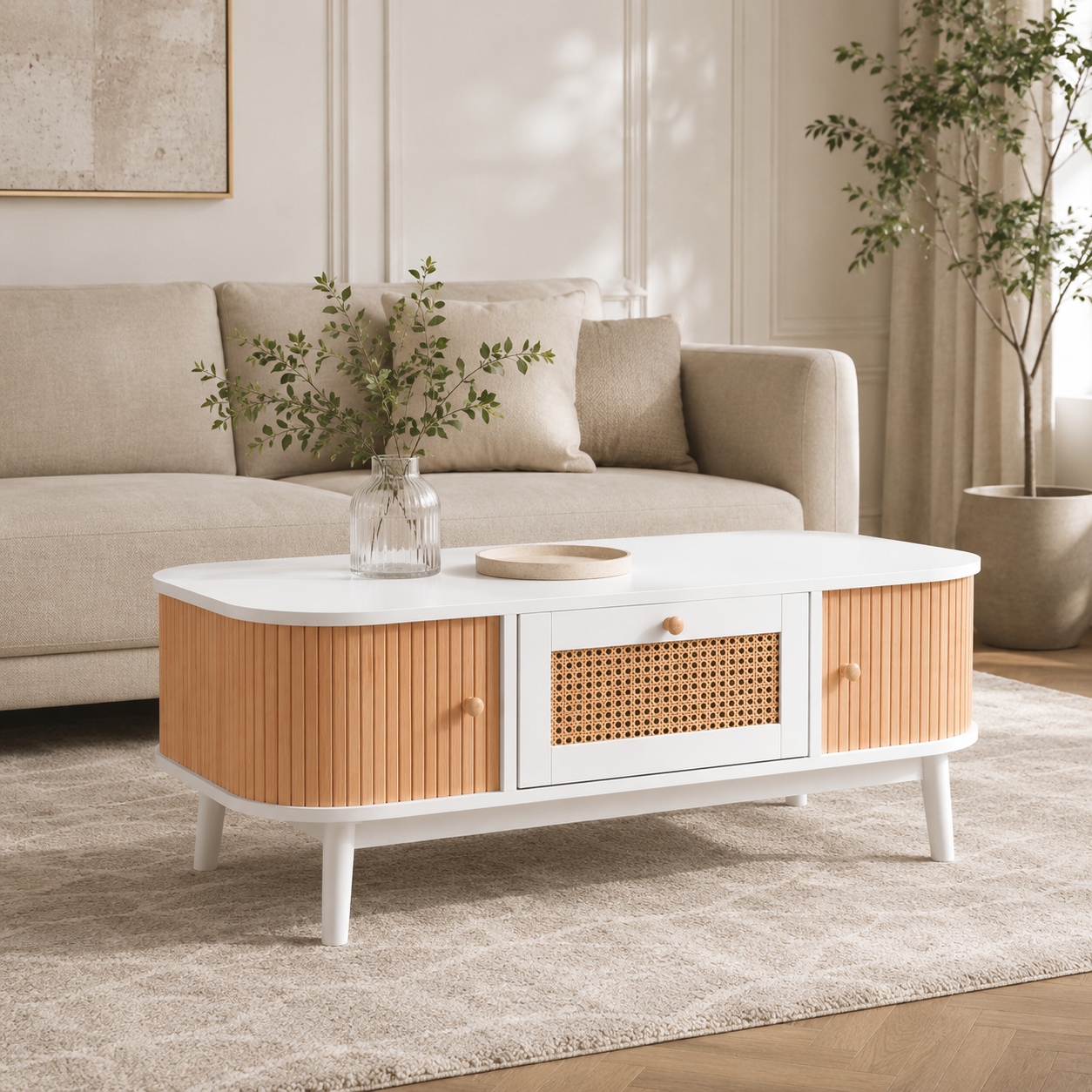 Table basse en bois et rotin avec rangements – Cannage & rangements fermés