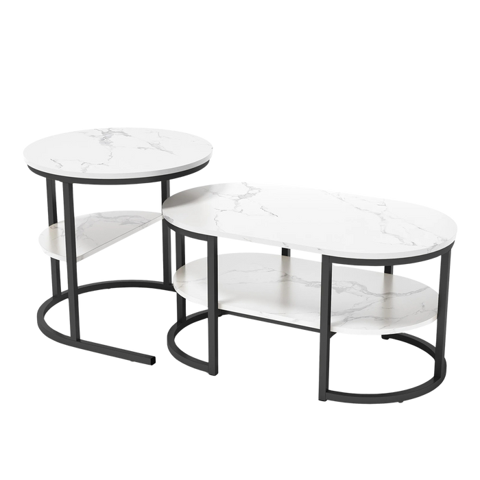 Table basse gigogne ronde et ovale avec rangement – Effet marbre, 2 tables