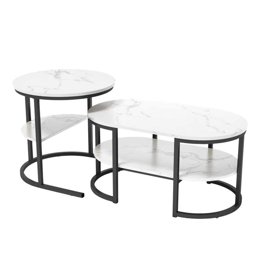 Table basse gigogne ronde et ovale avec rangement – Effet marbre, 2 tables