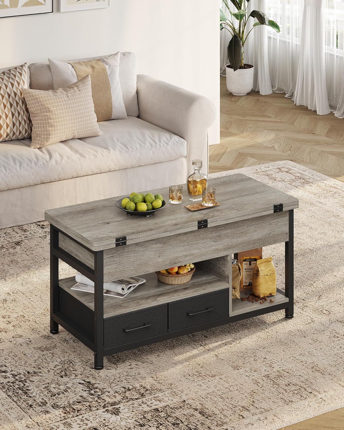 Table basse relevable extensible grise avec rangements – Plateau relevable, 4 à 6 couverts