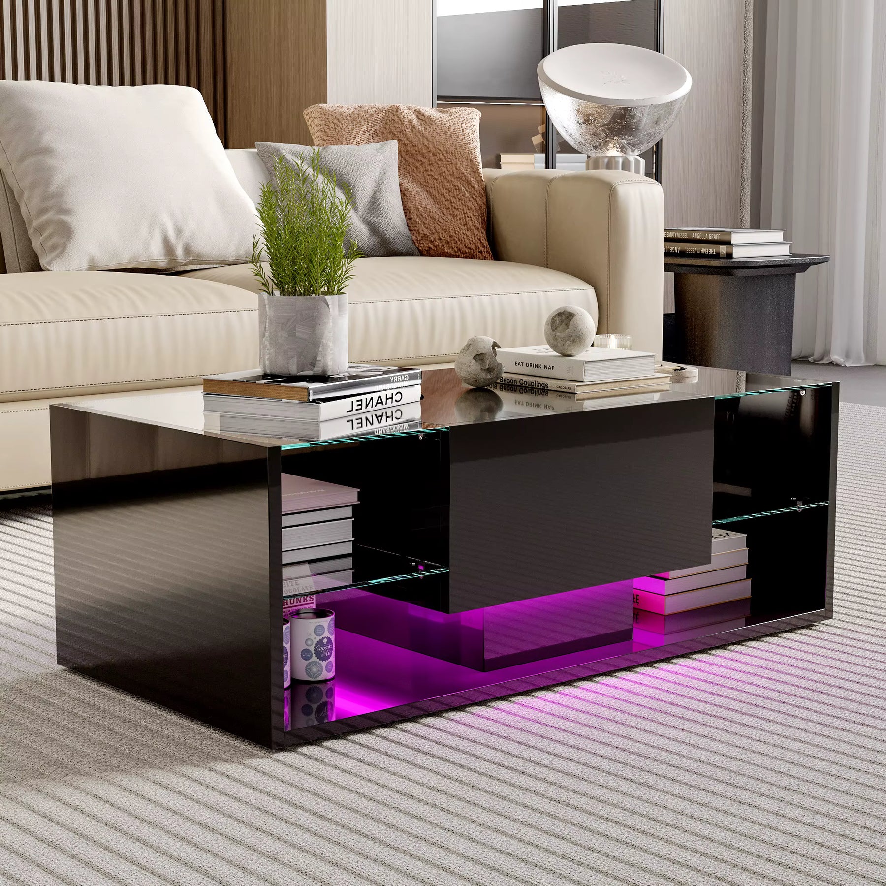 Table basse noire avec étagères en verre et éclairage LED – Verre trempé & LED