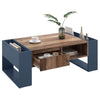 Table basse moderne bois et bleu profond avec rangement – Tiroir central & compartiments