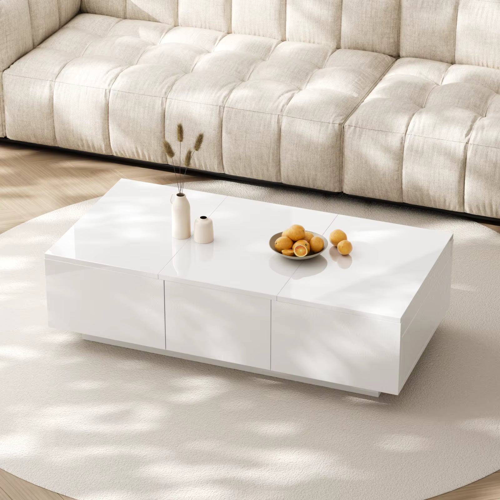 Table basse blanche laquée avec rangement et tiroirs design – Ouverture par pression