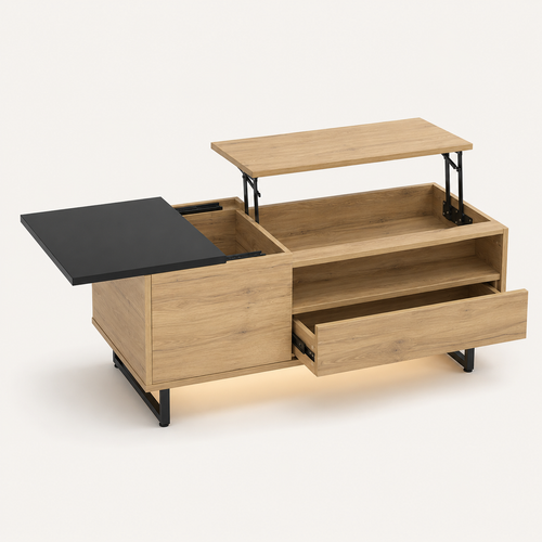 Table basse relevable en bois et métal avec LED intégrée et grand rangement